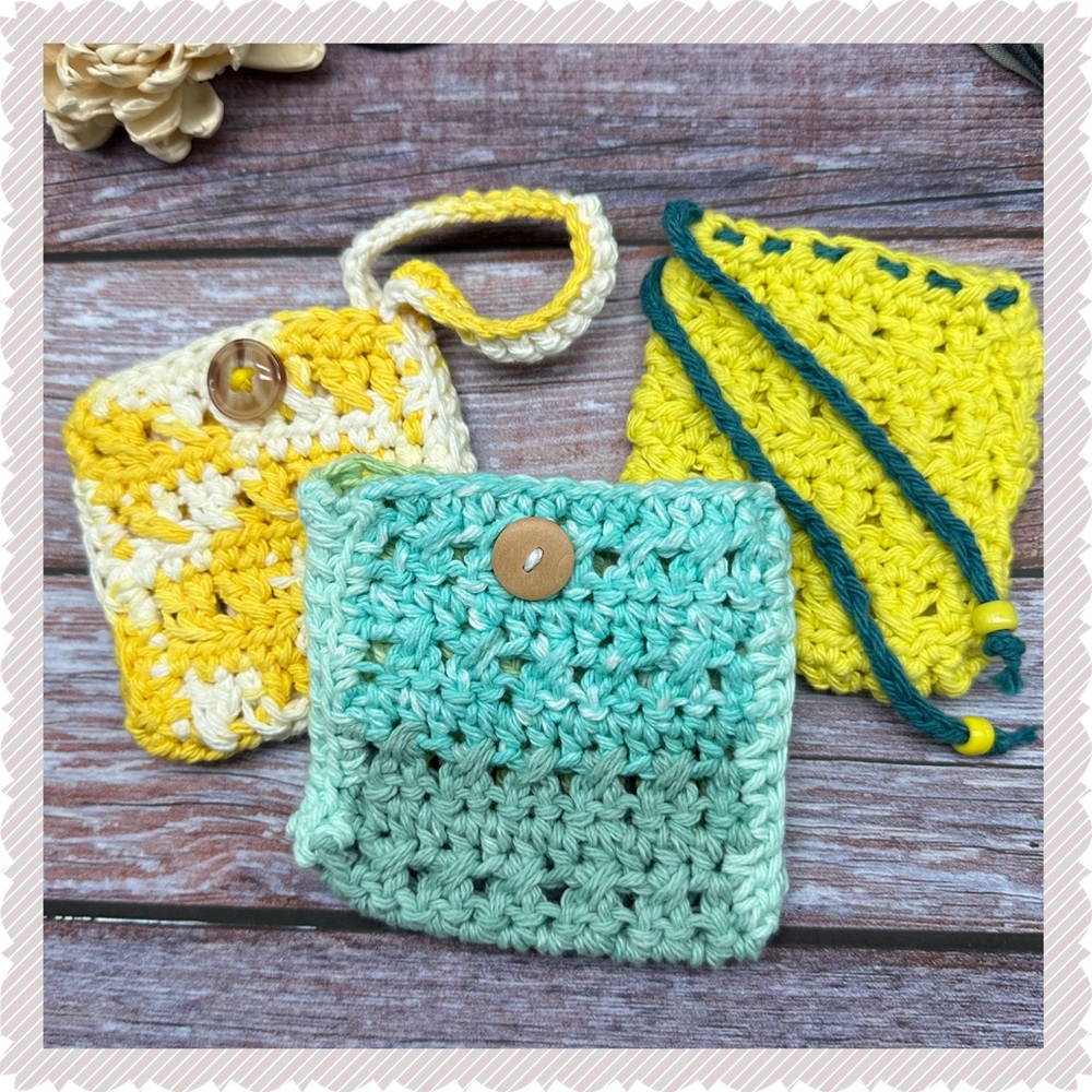 Set of 3 Handmade Small Cotton Crochet Pouch Bags New